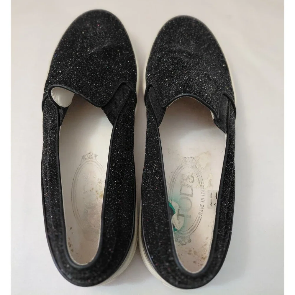 Tods Women's Slip On Black Glitter Loafer Shoes Size EU38/US 8